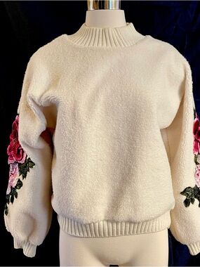 Goodnight Macaroon Cream Crewneck Sweater with Pink Floral Sleeves